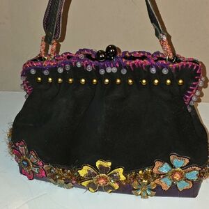 Mary Frances Black Floral Embellished Satchel
